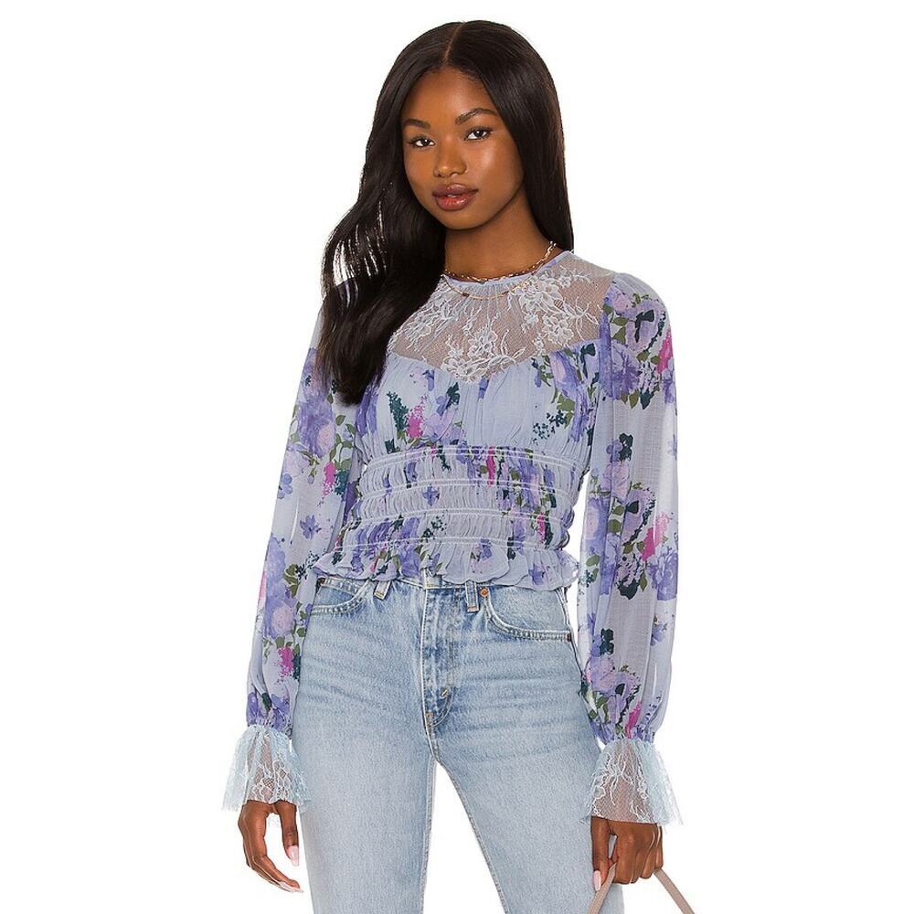 Free People Daphne Blouse in Silver Blue Combo Size S
